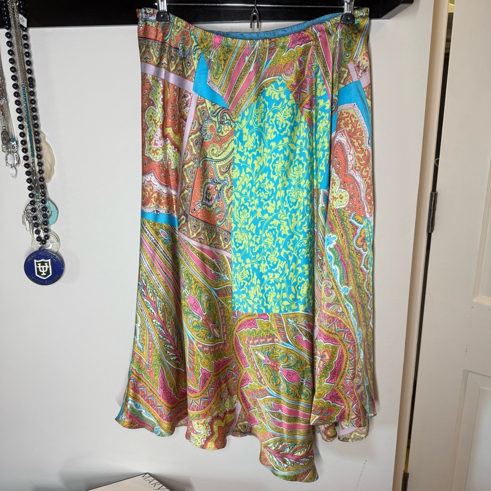 🏷️ Ilyse Hart Ltd 100% SILK Vintage Handkerchief Hem Paisley Skirt M 90s
